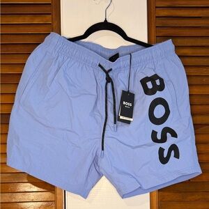 Boss Blue Swim Trunks with Logo and Drawstring
